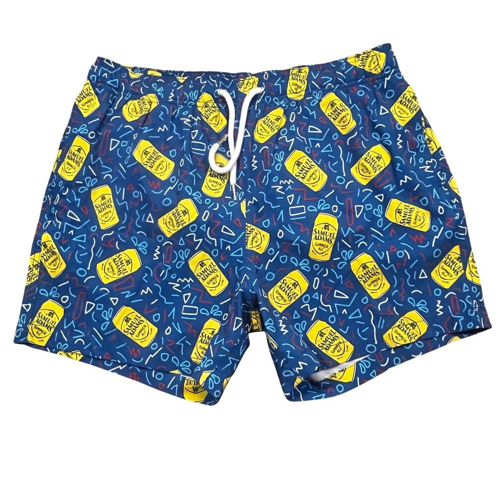 Shinesty Samuel Adams Swim Trunks Mens M Beer Can Print Mesh Lined